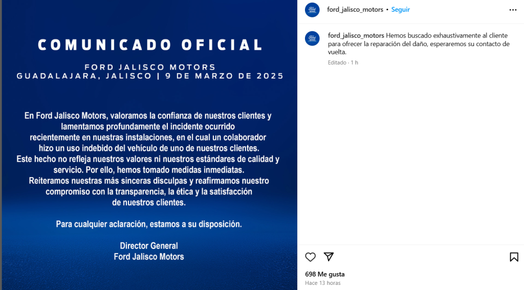 Cliente denuncia a Ford Jalisco Motors Comunicado de la agencia