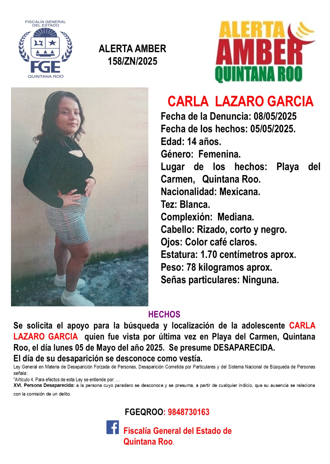 Alerta Amber en Quintana Roo hoy 20 de mayo de 2025 Carla Lazaro Garcia