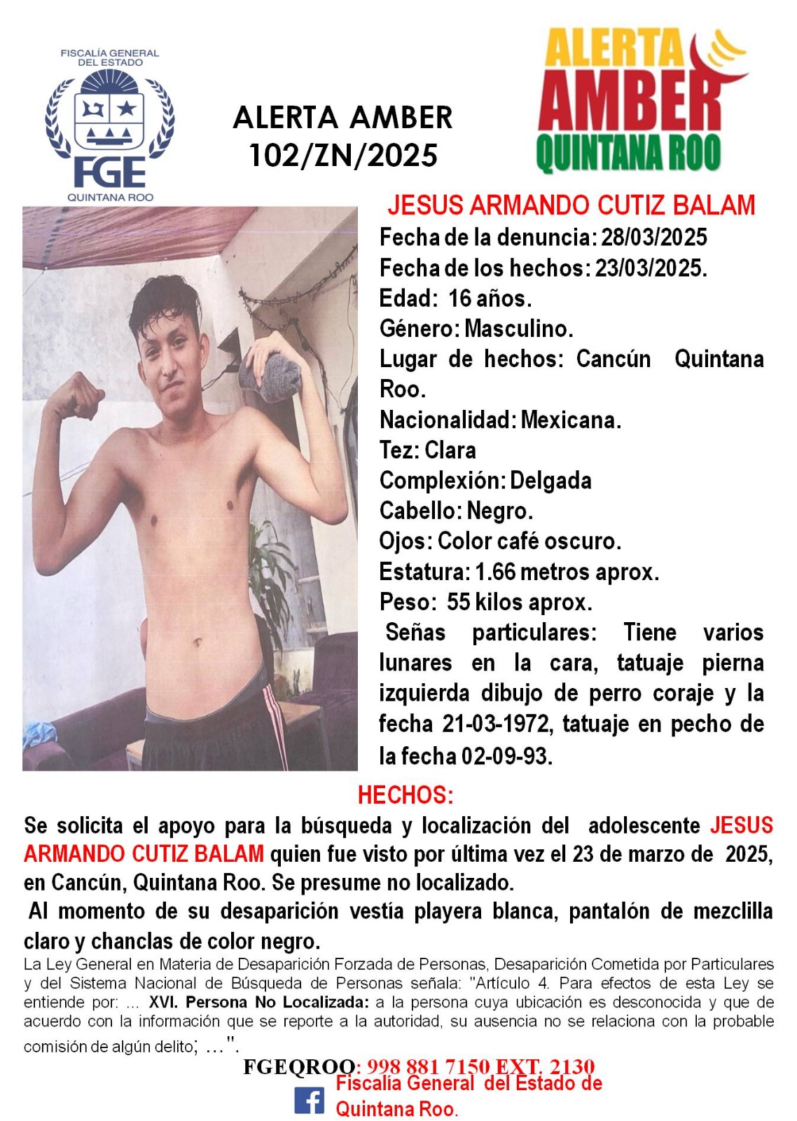 Alerta Amber en Quintana Roo hoy 20 de mayo de 2025 Jose Armando Cutiz Balam