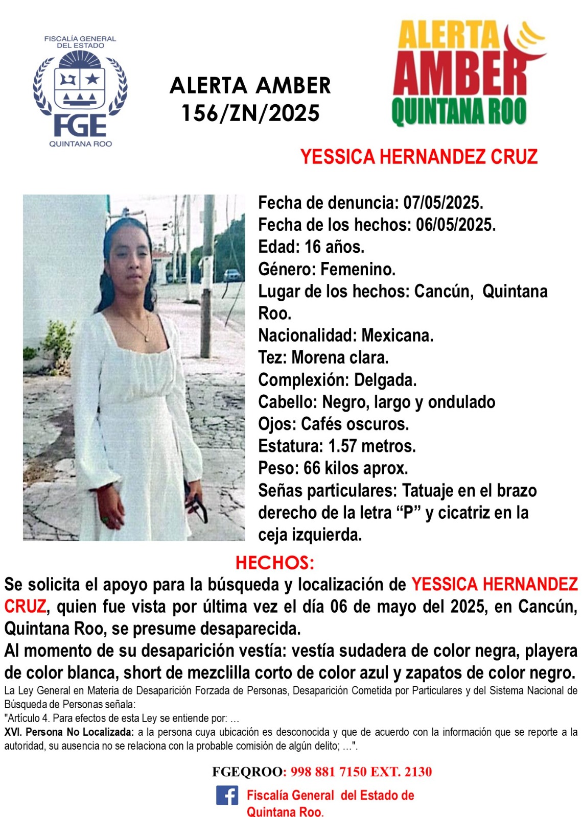 Alerta Amber en Quintana Roo hoy 21 de mayo de 2025 Yessica Hernadez Cruz