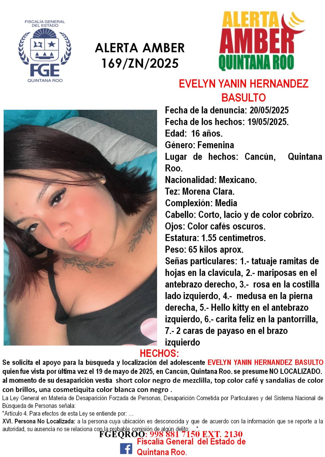 Alerta Amber en Quintana Roo hoy 22 de mayo 2025 Evelyn Yanin Hernadez Basulto