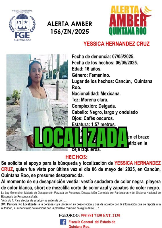 Alerta Amber en Quintana Roo hoy 22 de mayo 2025 Yessica Hernadez Cruz
