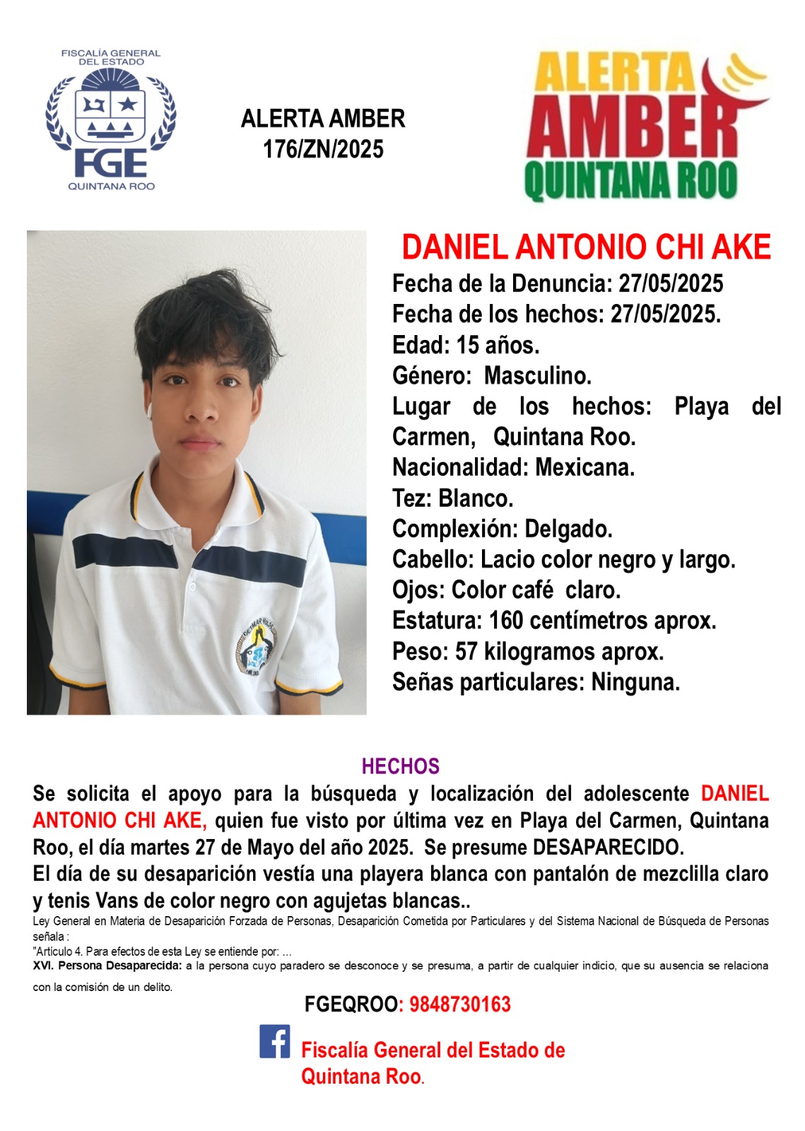 Alerta Amber en Quintana Roo hoy 28 de mayo 2025 Daniel Antonio Chi Ake
