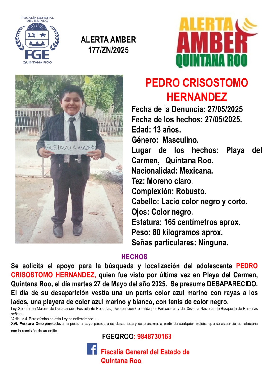 Alerta Amber en Quintana Roo hoy 28 de mayo 2025 Pedro Crisostomo Hernandez