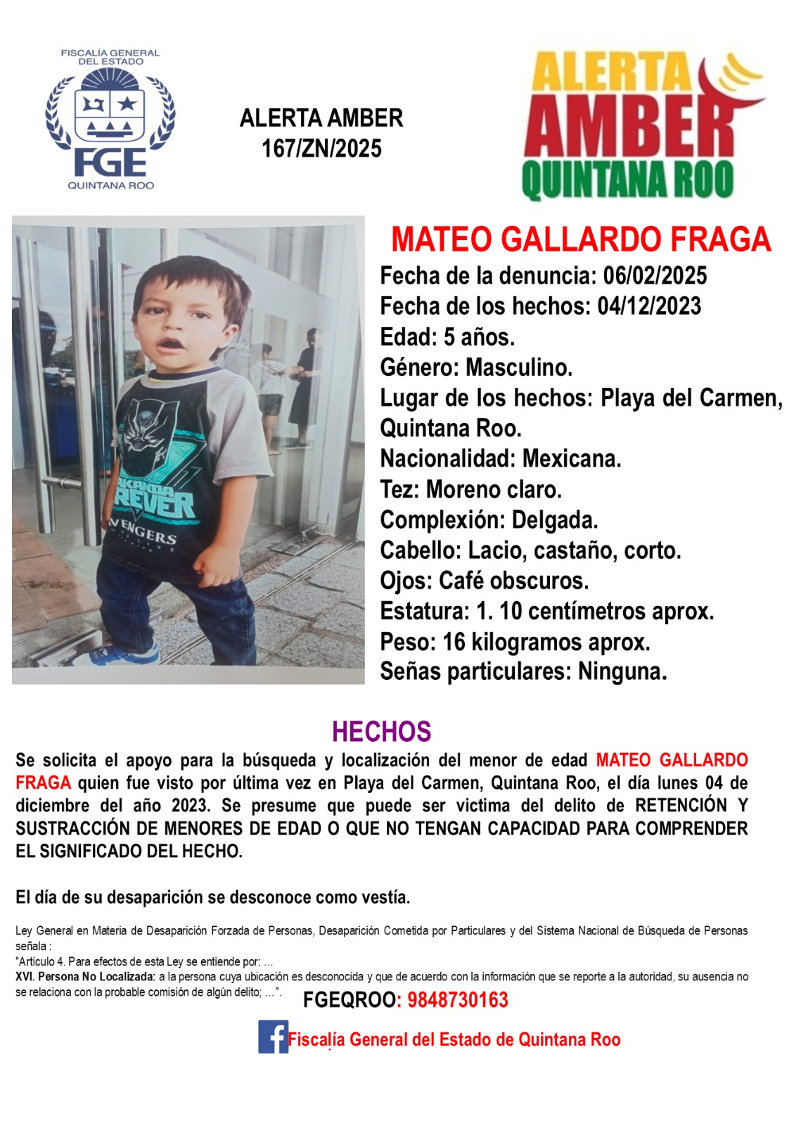 Mateo Gallardo Fraga. Alerta Amber en Quintana Roo hoy 19 de mayo 2025