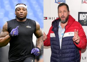 Montaje de Adam Sandler y Derrick Henry con fondo de cine y estadio