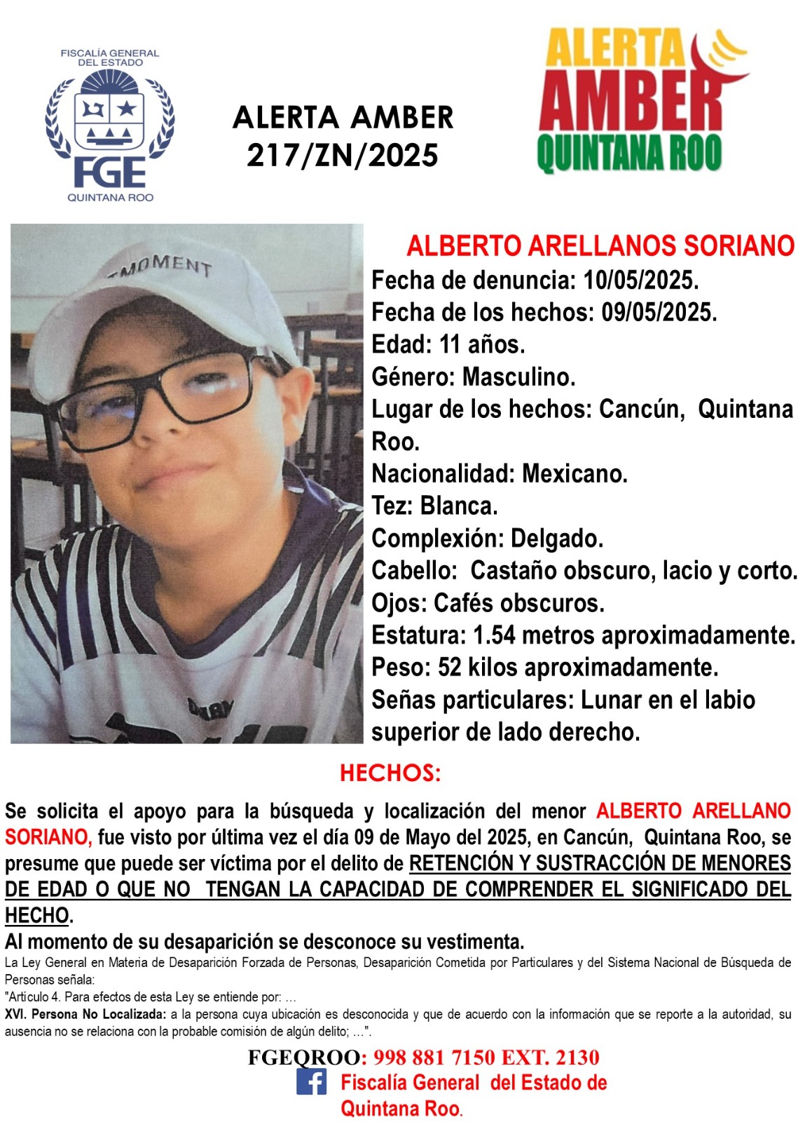 ALBERTO ARELLANOS SORIANO Alerta Amber Quintana Roo