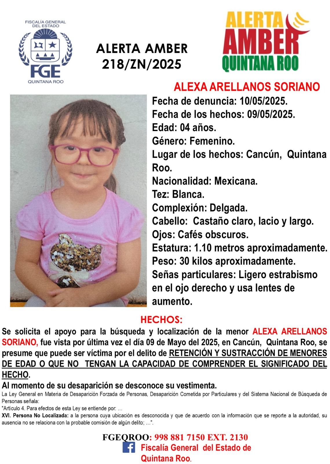 ALEXA ARELLANOS SORIANO Alerta Amber Quintana Roo