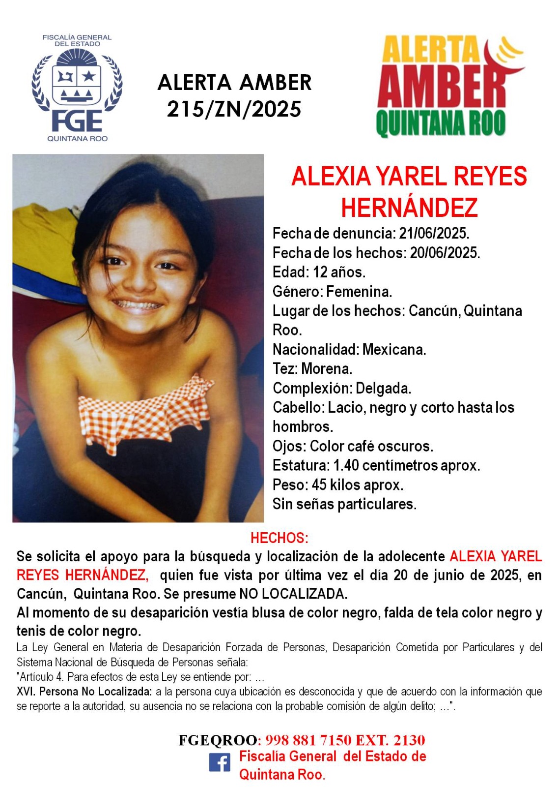 Alerta Amber en Quintana Roo hoy 23 de junio 2025 ALEXIA YAREL REYES HERNANDEZ