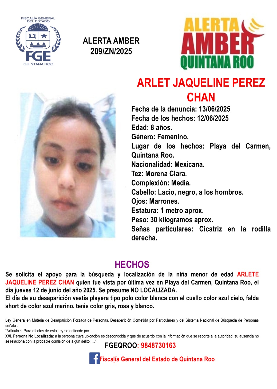 Alerta Amber en Quintana Roo hoy 23 de junio 2025 ARLET JAQUELINE PEREZ CHAN