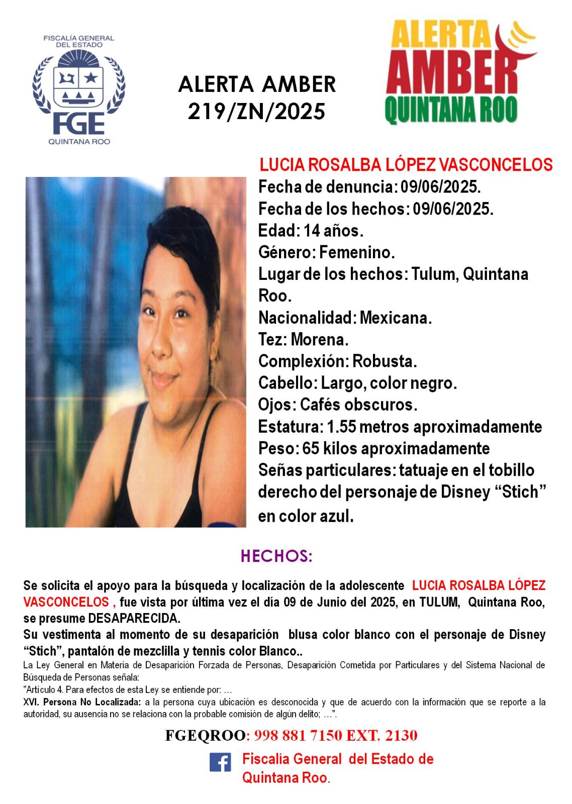Alerta Amber en Quintana Roo hoy 30 de junio 2025 LUCIA ROSALBA LOPEZ VASCONCELOS