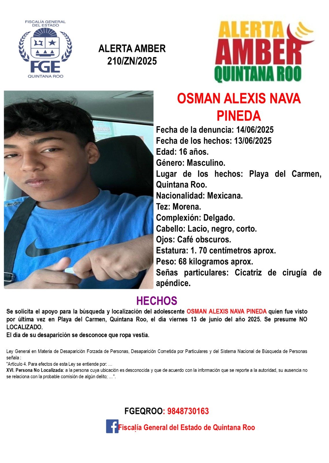 Alerta Amber en Quintana Roo hoy 16 de junio 2025 Osman Alexis Nava Pineda