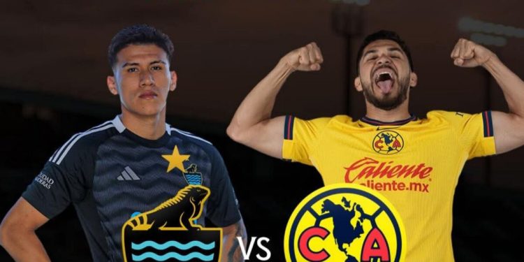 Jugador de Cancún FC y jugador del Club América con los escudos de ambos equipos