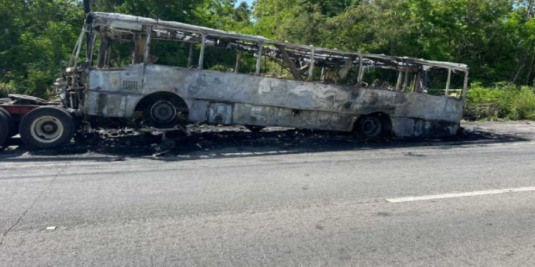 Autobús del Tren Maya se incendia en la Carretera 307
