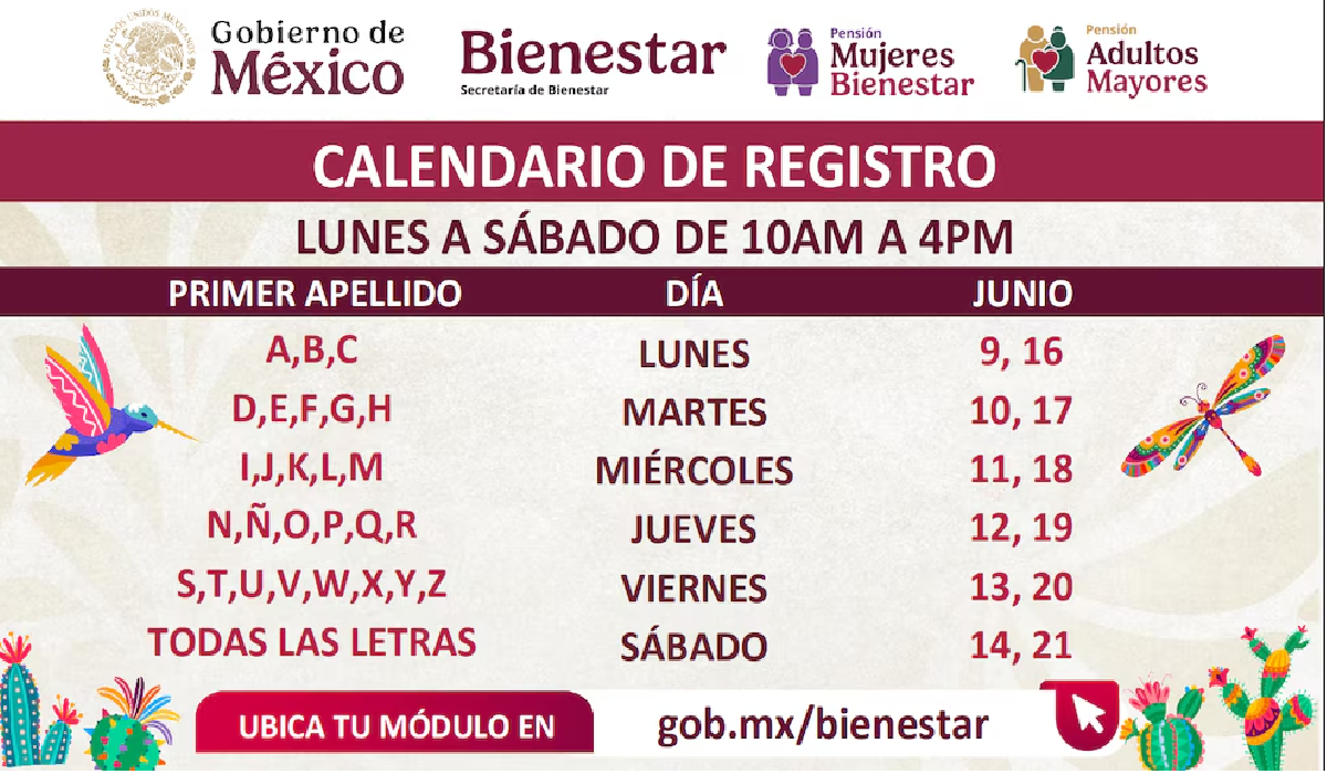 Banner calendario atención módulos Pensiones Bienestar 9‑21 junio