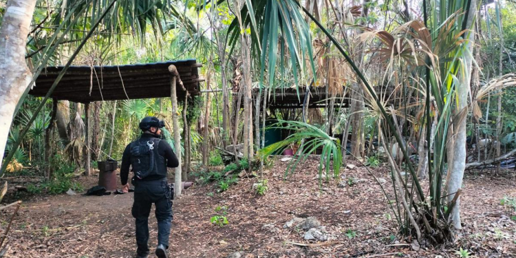 Oficial de la Secretaria de Seguridad Ciudadana en el narco laboratorio en Felipe Carrillo Puerto