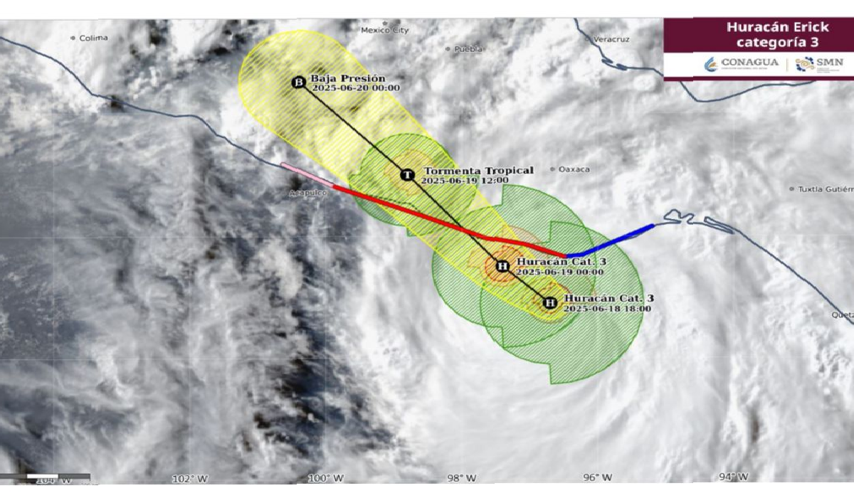 Mapa con la trayectoria prevista del Huracán Erick categoría 3