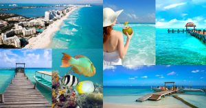 Collage de actividades turísticas en Cancún 2025, incluyendo playas, muelles y vida marina