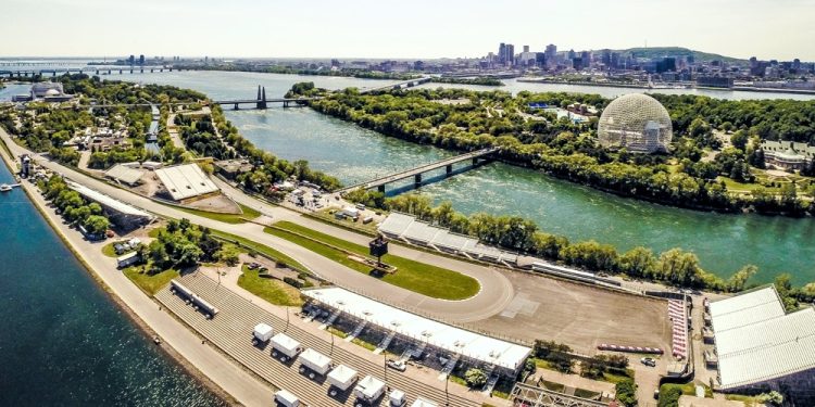 Vista aérea del Circuito Gilles Villeneuve en Montreal junto al río San Lorenzo