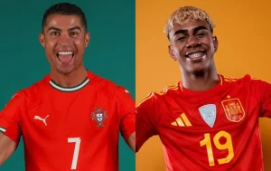 ristiano Ronaldo y Lamine Yamal con sus camisetas nacionales en la Nations League 2025