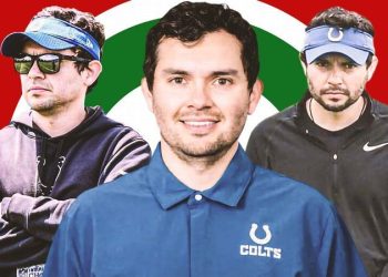 Diego Ortiz posando con el uniforme y equipo de los Indianapolis Colts.
