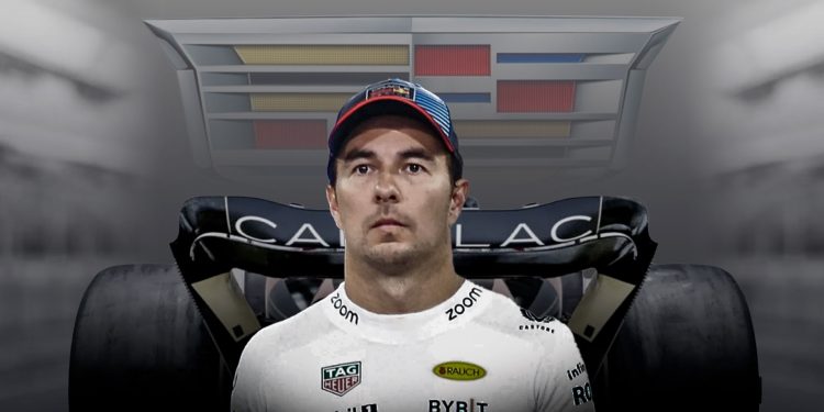 Sergio Pérez vestido con uniforme de Cadillac F1 2025 frente al logotipo de la escudería