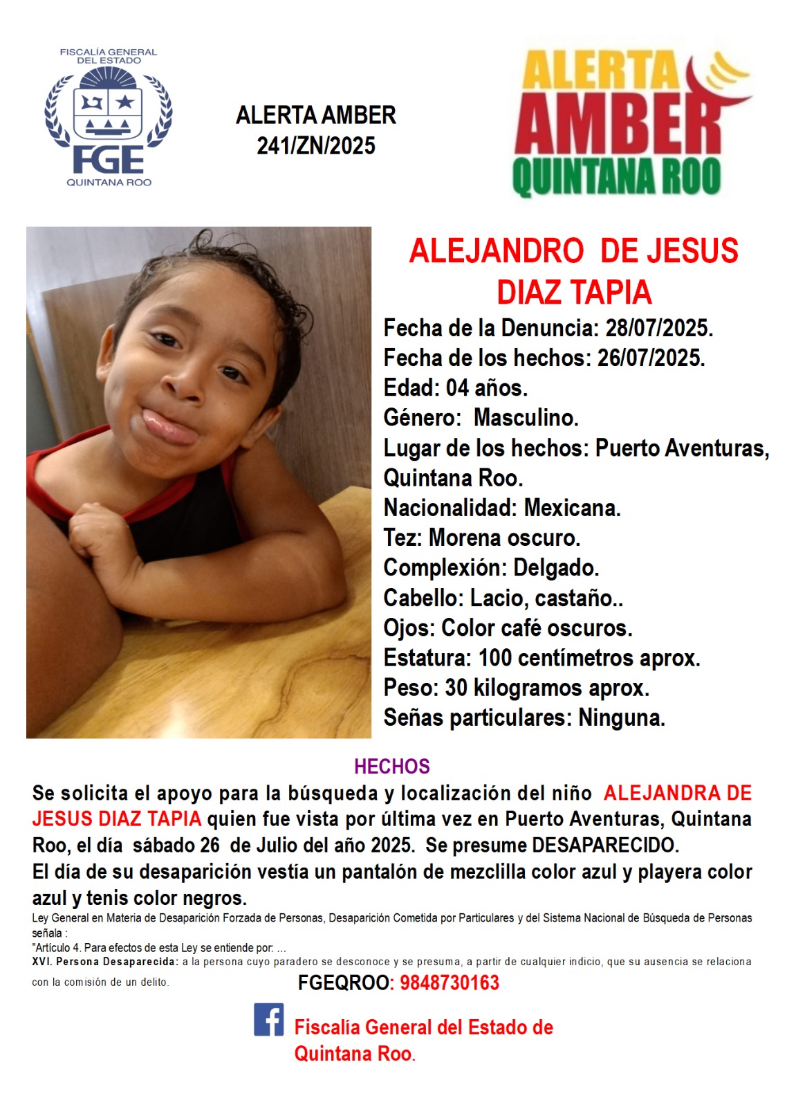 Alerta Amber en Quintana Roo hoy 29 de julio 2025 Alejandro de Jesus Tapia
