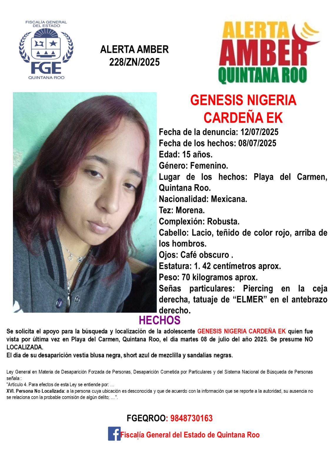 Alerta Amber en Quintana Roo hoy 14 de julio 2025 GENESIS NIGERIA CARDEÑA EK