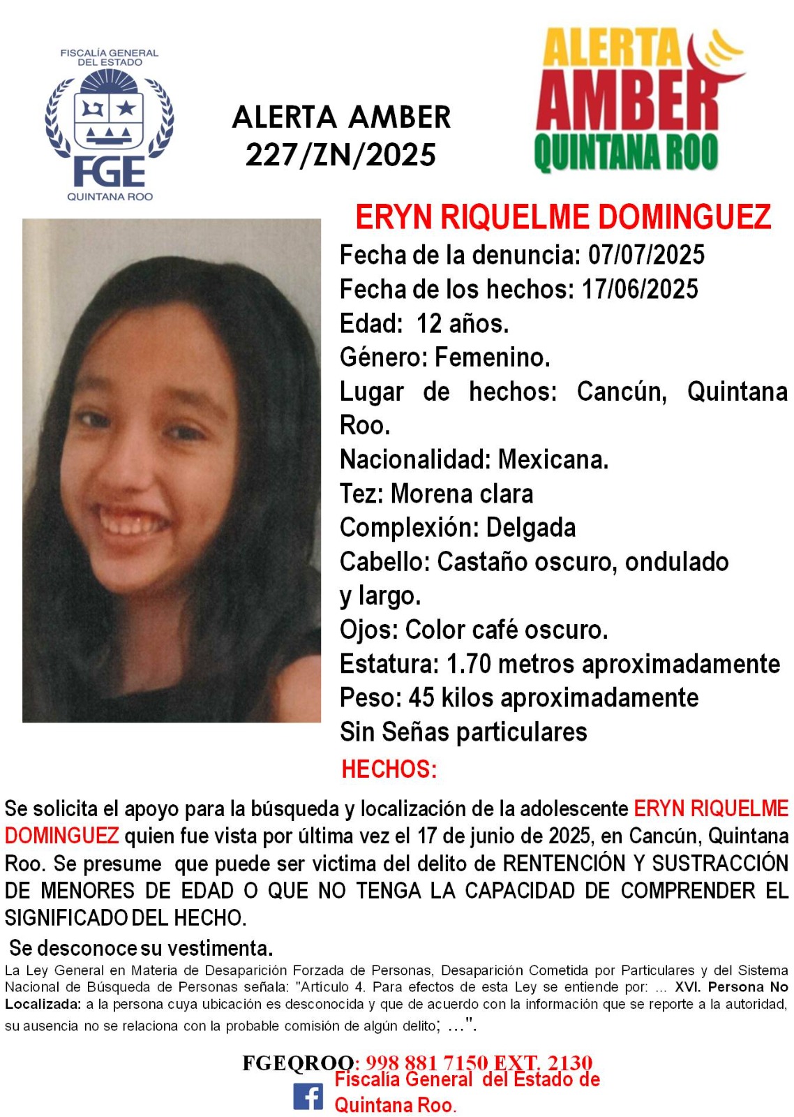 Alerta Amber en Quintana Roo hoy 14 de julio 2025 ERYN RIQUELME DOMINGUEZ