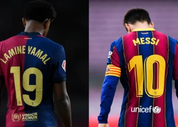 Lamine Yamal y Lionel Messi vistos de espaldas con el dorsal número 10 del FC Barcelona