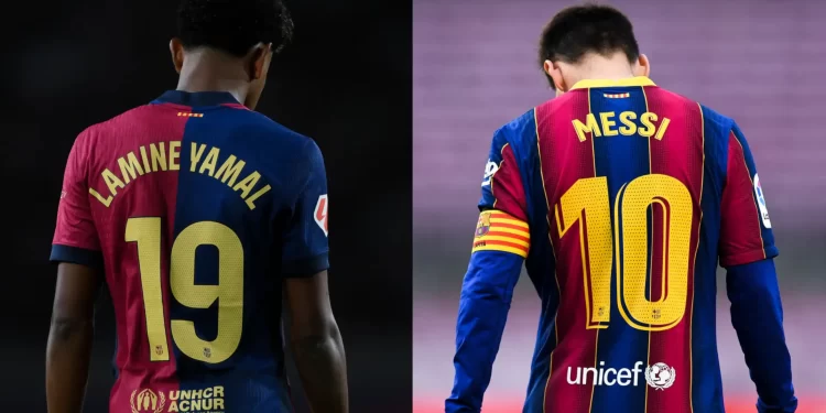 Lamine Yamal y Lionel Messi vistos de espaldas con el dorsal número 10 del FC Barcelona