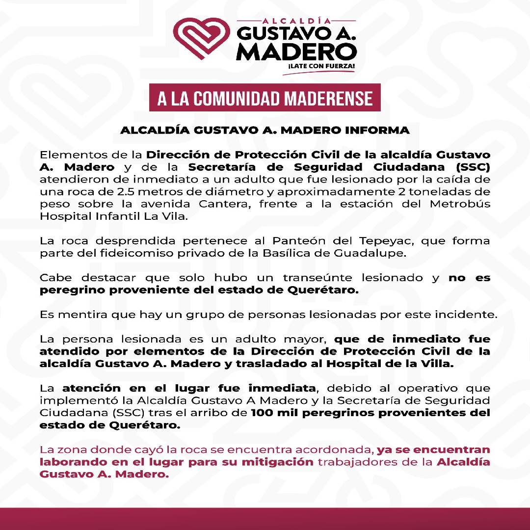 Comunicado oficial GAM sobre caída de roca del Tepeyac