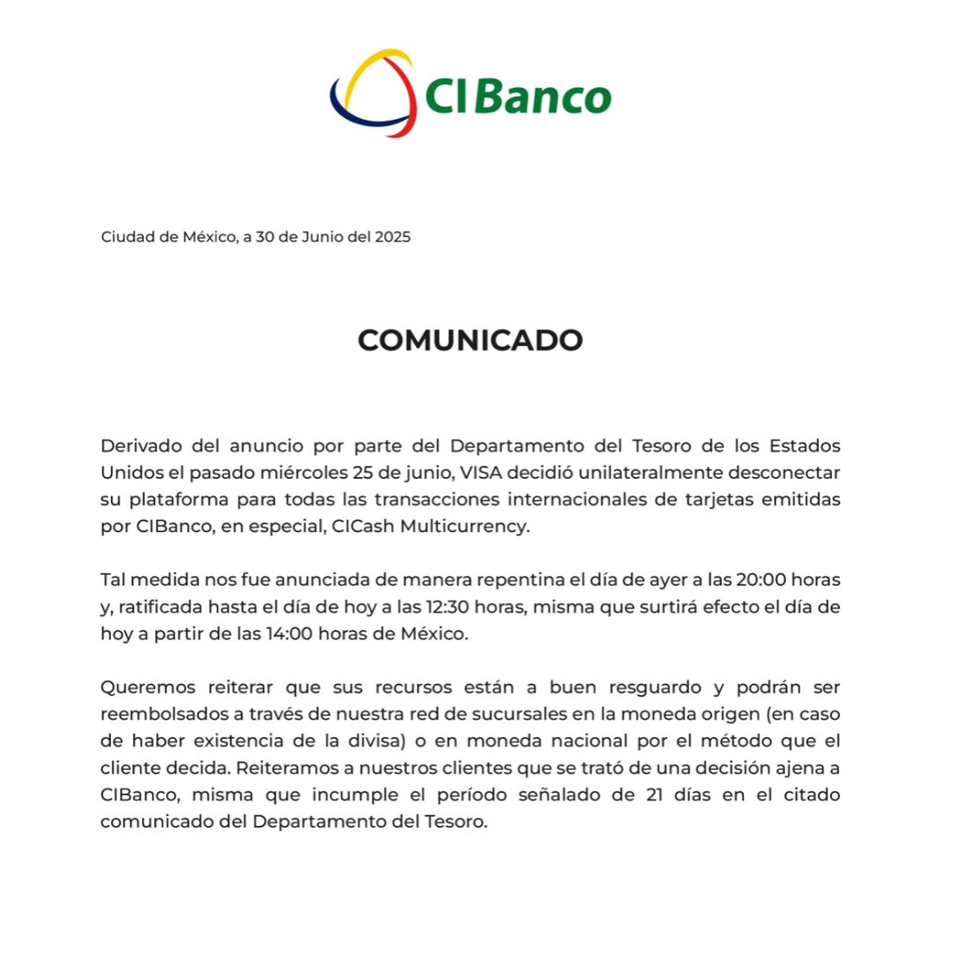 Comunicado oficial emitido por CIBanco sobre bloqueo de Visa