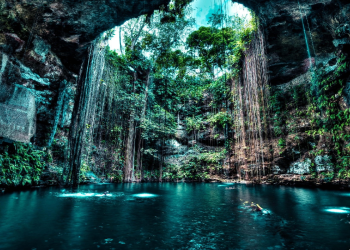 Vista aérea de un cenote con agua cristalina rodeado de vegetación