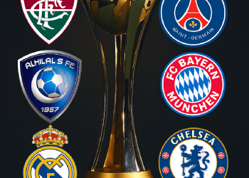 Montaje de escudos del Mundial de Clubes con trofeo al centro, creado con inteligencia artificial