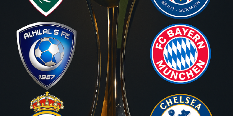 Montaje de escudos del Mundial de Clubes con trofeo al centro, creado con inteligencia artificial