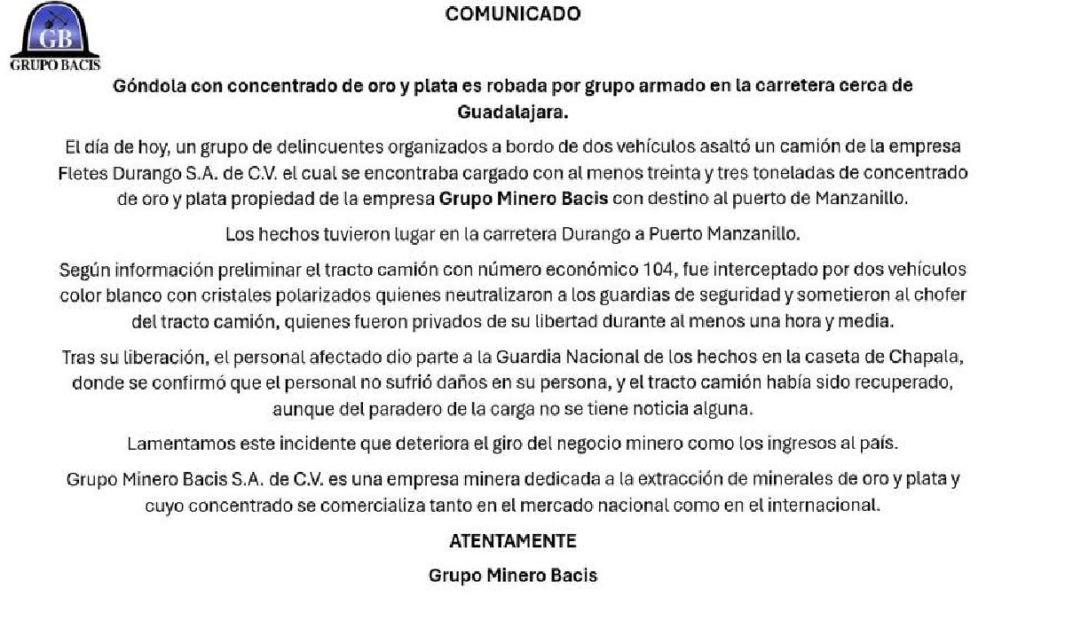 Comunicado oficial de Grupo Minero Bacis sobre el robo