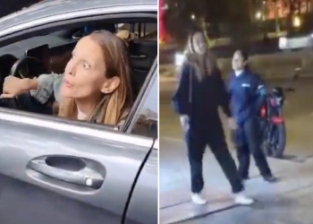Ximena Pichel discutiendo con guardia de seguridad por no abrirle la puerta