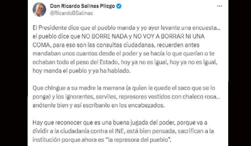 Captura de tuit de Salinas Pliego llamando “Marrana”