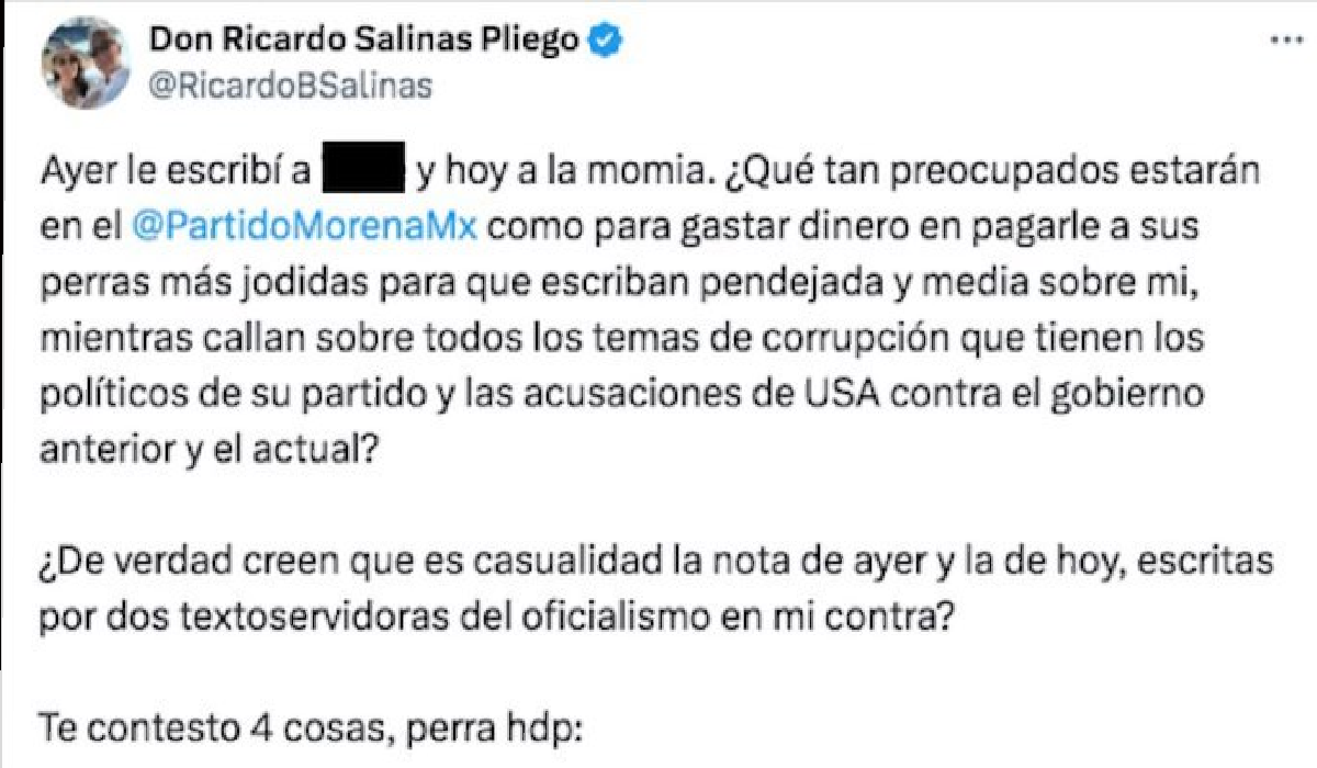 Captura de tuit de Salinas Pliego usando “Perras”