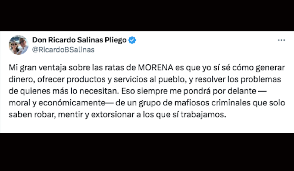 Captura de tuit de Salinas Pliego llamando “Ratas”