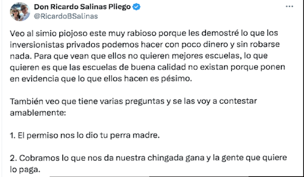Captura de tuit de Salinas Pliego usando “Simio Piojoso”