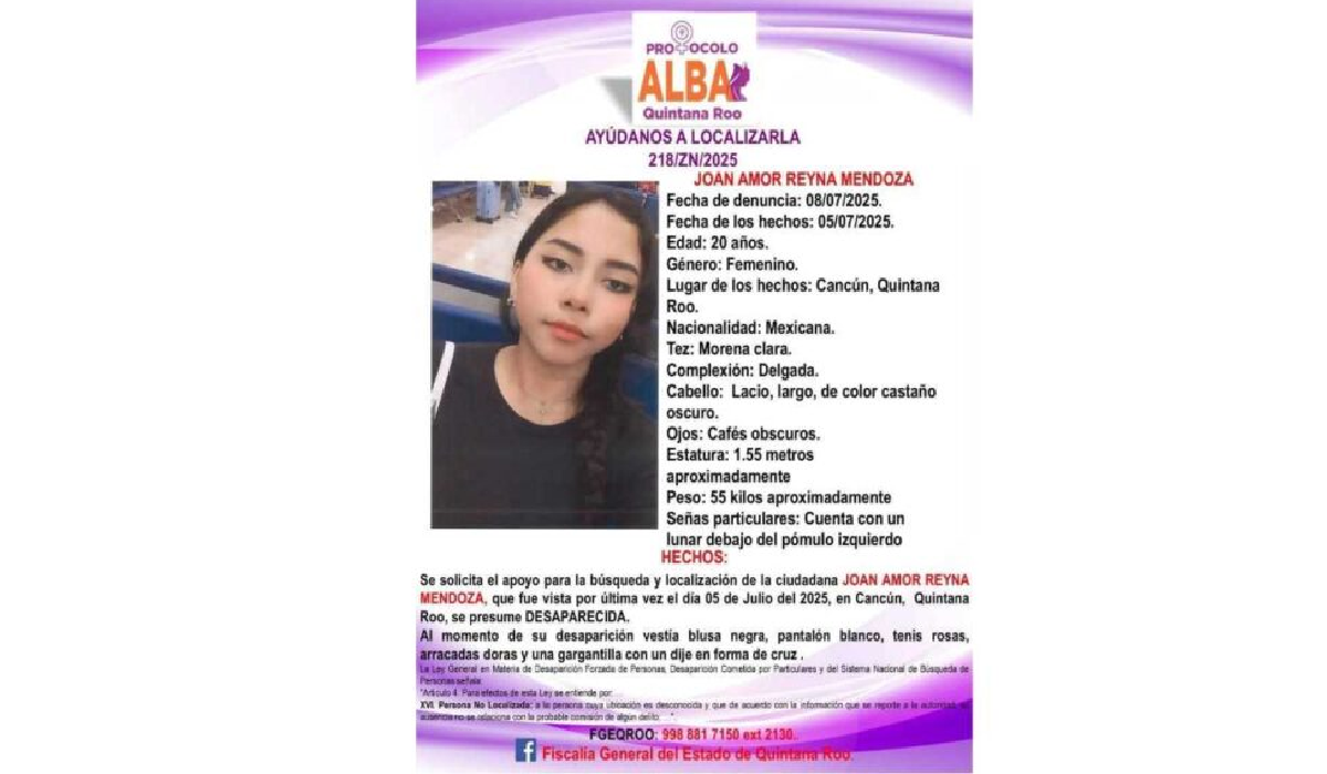 Boletín de búsqueda de Joan Amor Reyna Mendoza