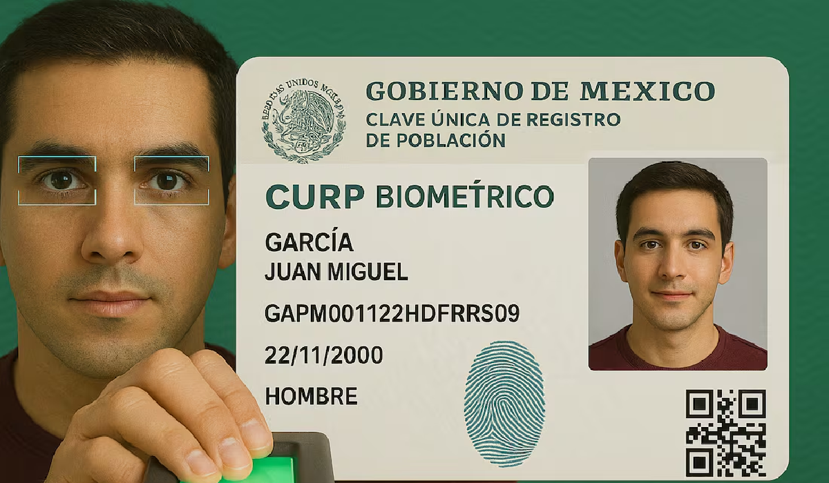 Ilustración de CURP biométrica con elementos digitales y biométricos