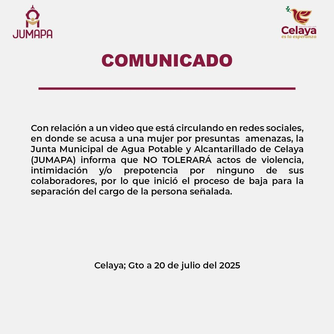 Comunicado oficial del Ayuntamiento de Celaya sobre despido de funcionaria de JUMAPA