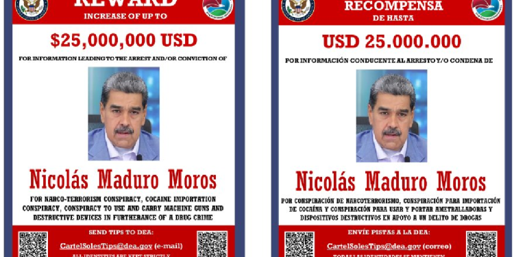 Boletín oficial de la DEA sobre recompensa por Nicolás Maduro