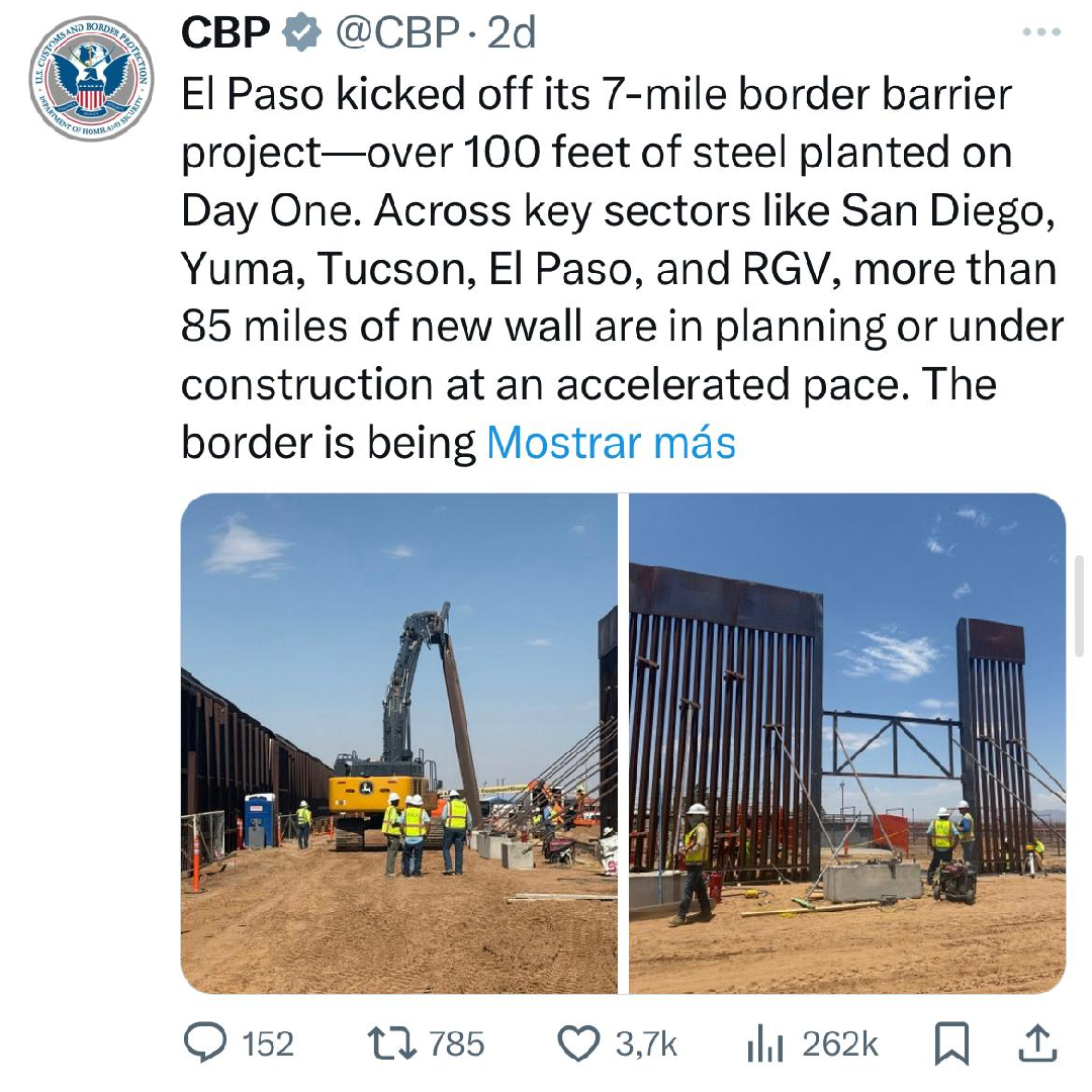 Imagen publicada por CBP en X muestra avance del muro.