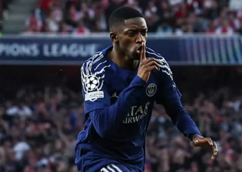 Ousmane Dembélé celebra gol con el PSG en Champions League 2025