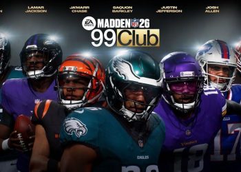 Jugadores del Club 99 en Madden NFL 26 posando con sus uniformes oficiales