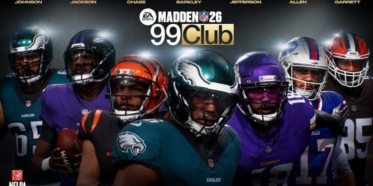 Jugadores del Club 99 en Madden NFL 26 posando con sus uniformes oficiales